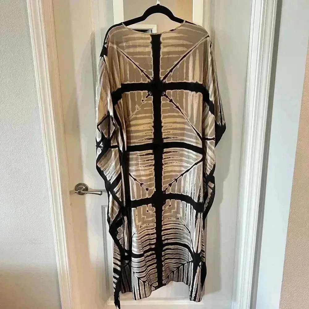 181 SUZANI Silk Caftan One Size Color Cream Black - Picture 3 of 3